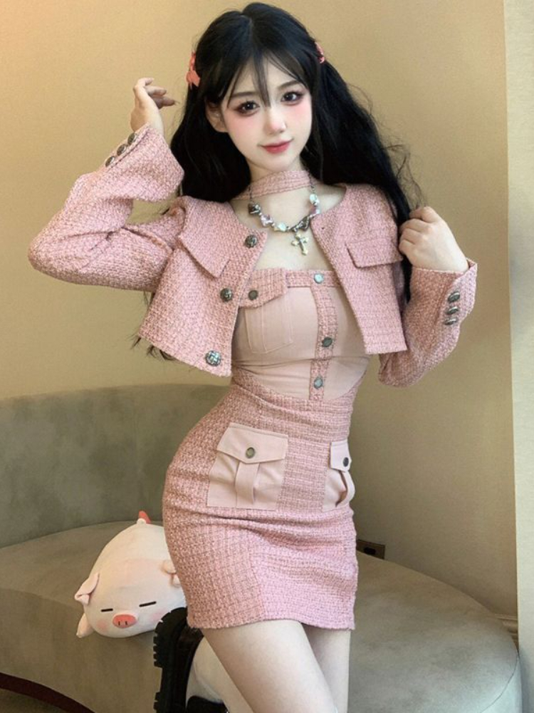 Winter Pink Elegant Two Piece Skirt Set Women Sexy Patchwork Y2k Mini Dress Suit Female Casual Korean Fashion Designer Set 2022 alx