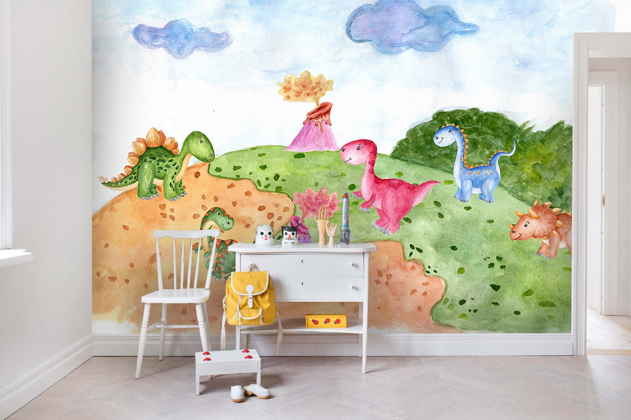 3D Kids, Cartoon, Colorful Dinosaur Wallpaper-Nursery