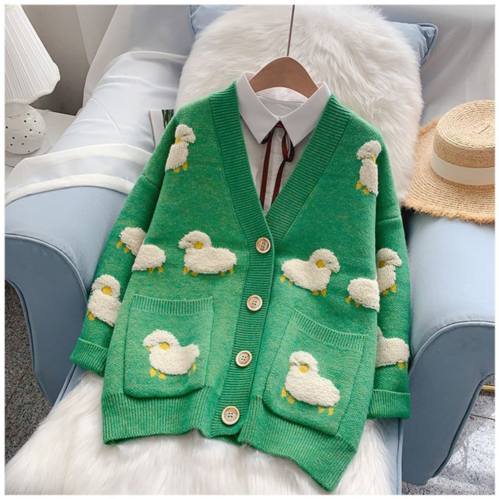 2022 New Women Sweater Cardigans Knitcoat V Neck Sheep Cartoon Sweaters Warm Knitwear Fashion Loose Coat Lady Clothes Outwear alx