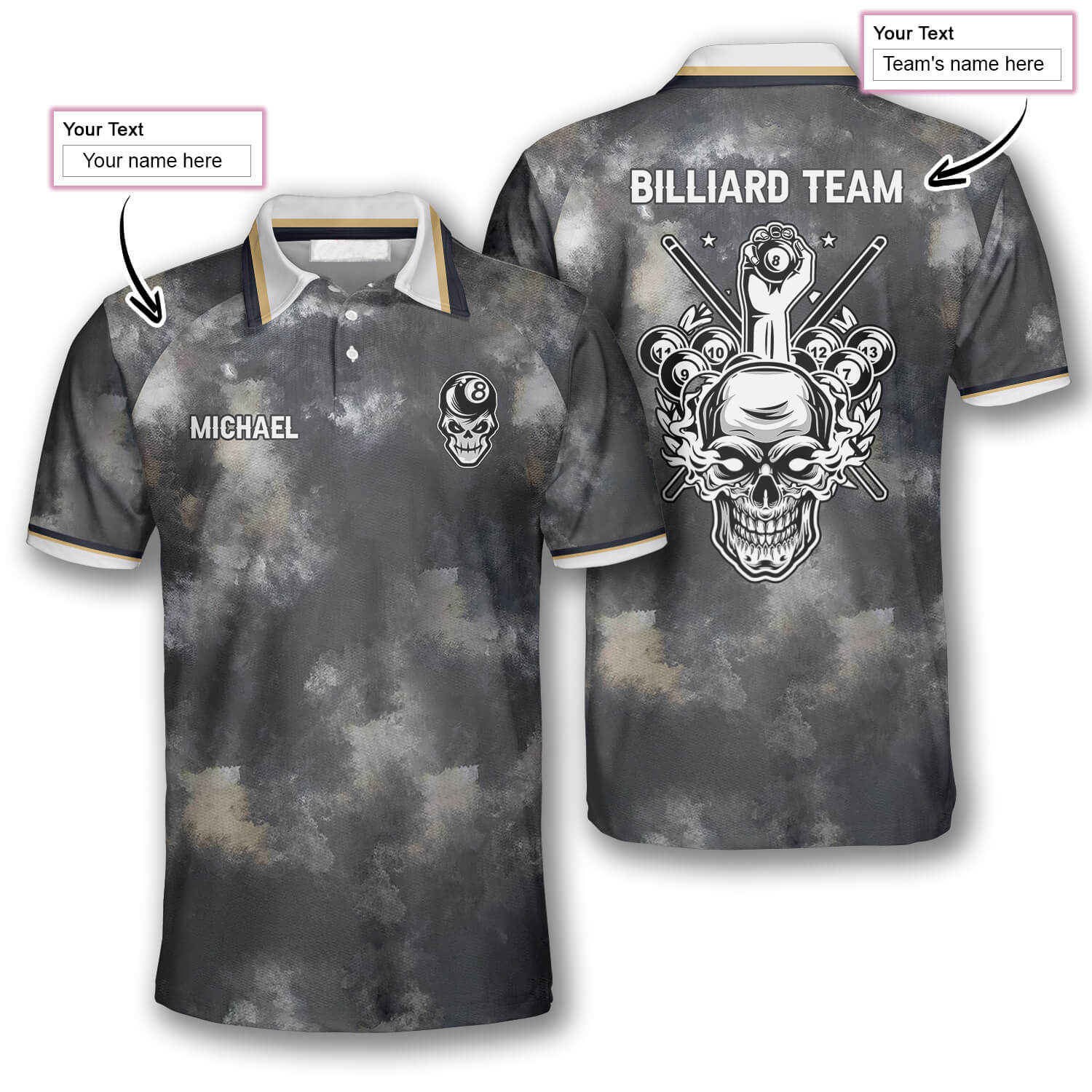 Faded Skull Custom Billiard Shirts For Men, Custom Billiard Shirts For Team, Billiard Polo Shirts