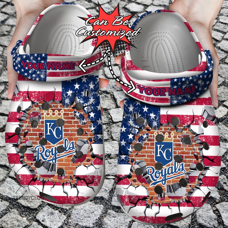 Baseball Personalized KC Royals American Flag Breaking Wall Clog Shoes