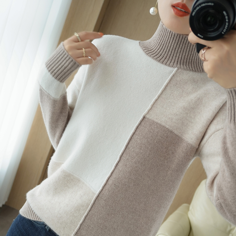 BELIARST New Cashmere Sweater Women’s High-Neck Color Matching 100% Pure Wool Pullover Fashion Warm Knitted Bottoming Shir alx