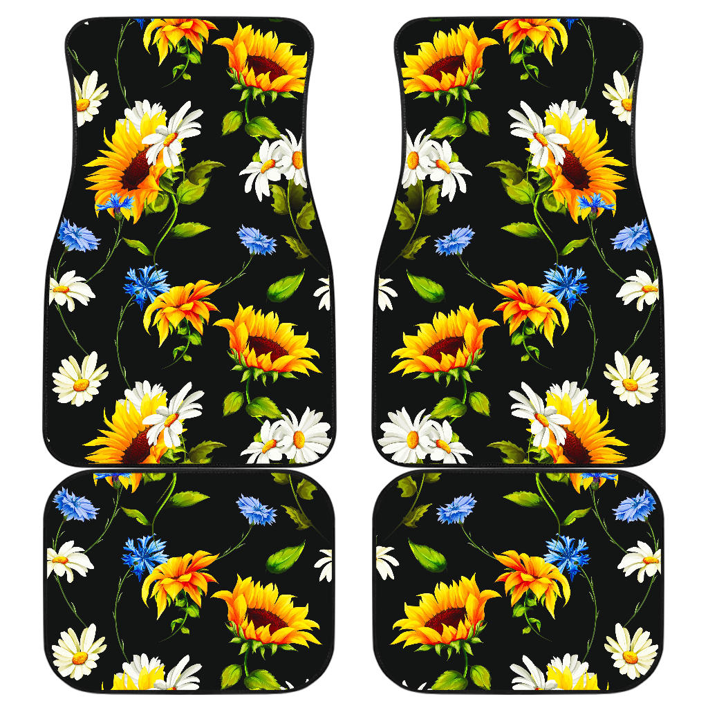 Sunflower Chamomile Pattern Print Front And Back Car Floor Mats, Front Car Mat