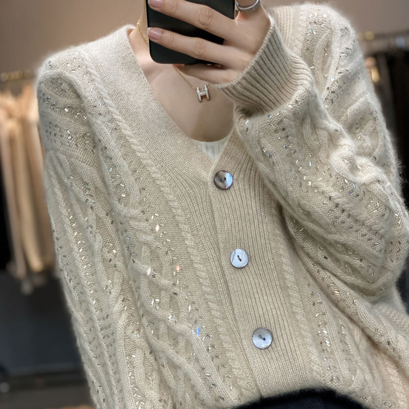 2022 New 100% Pure Cashmere Cardigan Coat Women’s Short Loose V-Neck Thickened Knitted Wool Brick Mounted Sweater Women alx