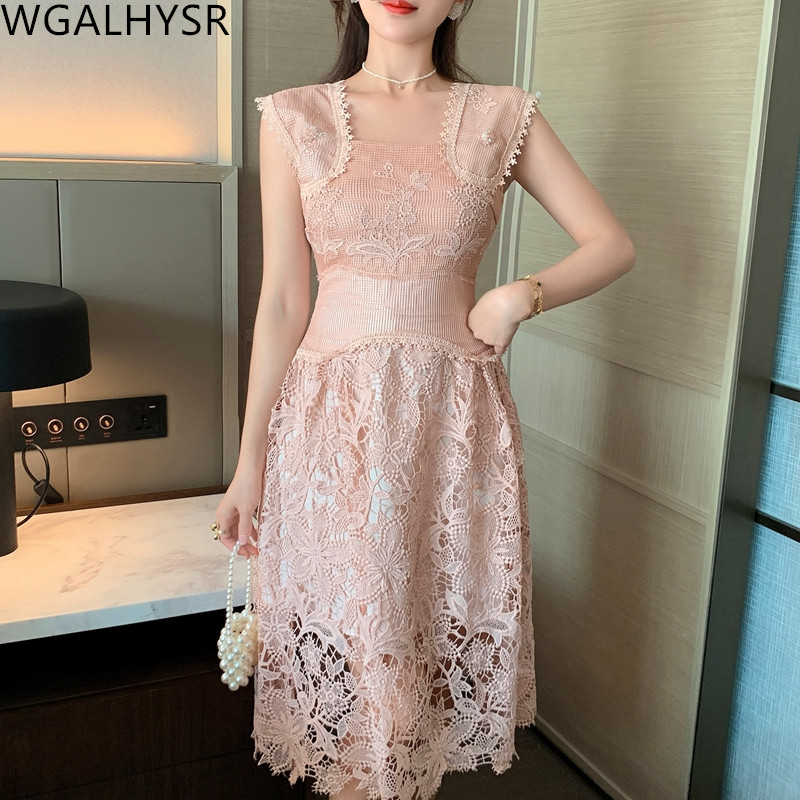 Summer 2022 New Pink Lace Embroidered Dress Women’s Sleeveless Square Neck Vintage Elegant Runway Party Dress Vestidos alx