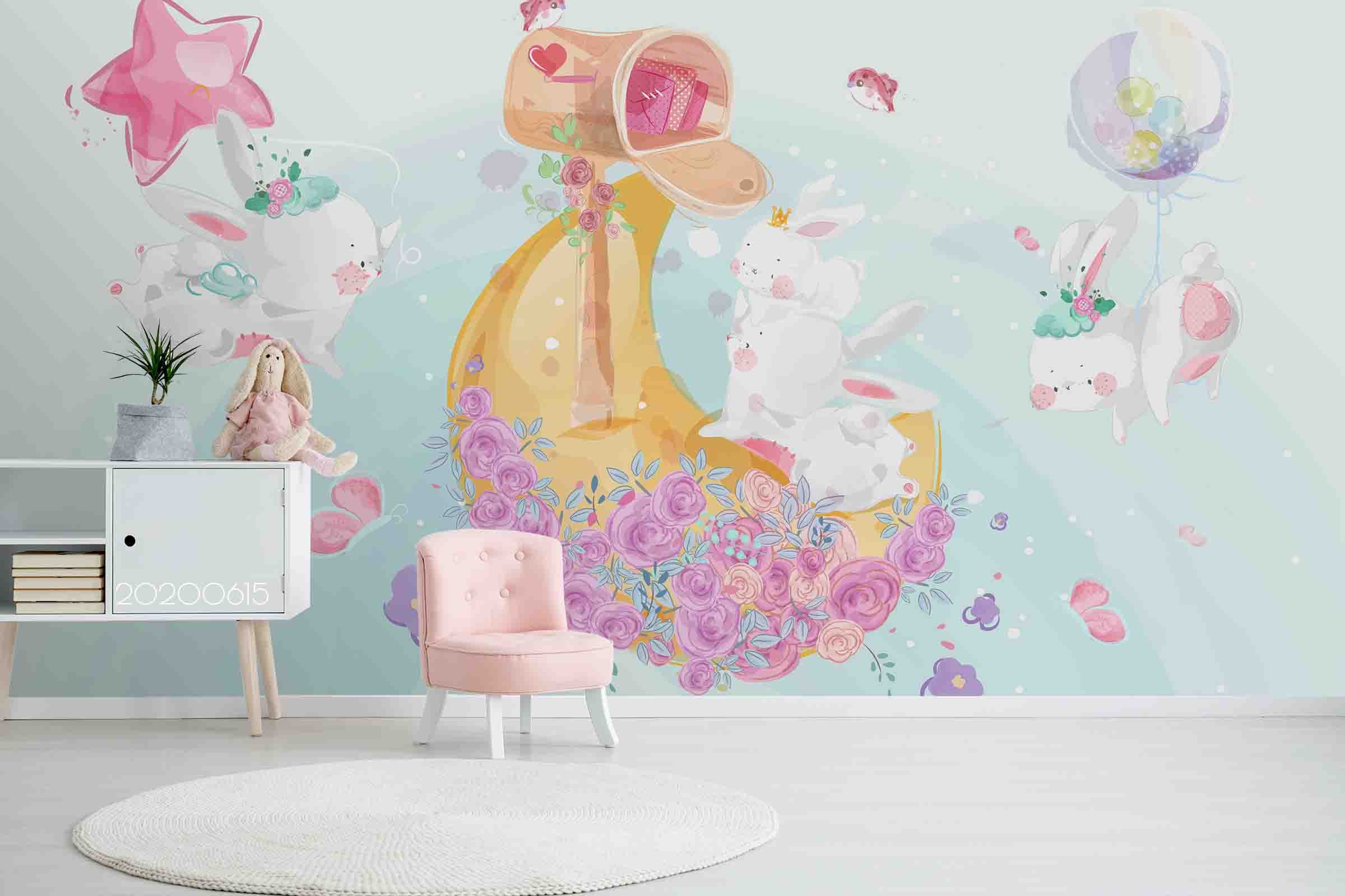 3D Cartoon Lovely Rabbit Moon Flower Wall Mural Wallpaper A027 Lqh