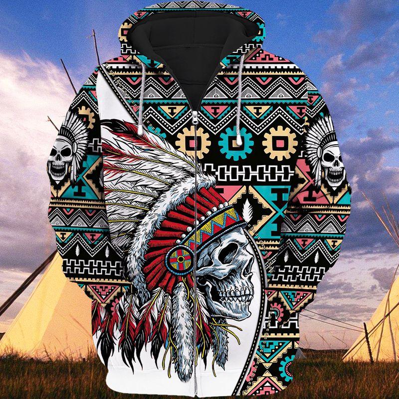 Skull Tribe Indian Native American Pride Trending Shirts 3D Zipper Hoodie