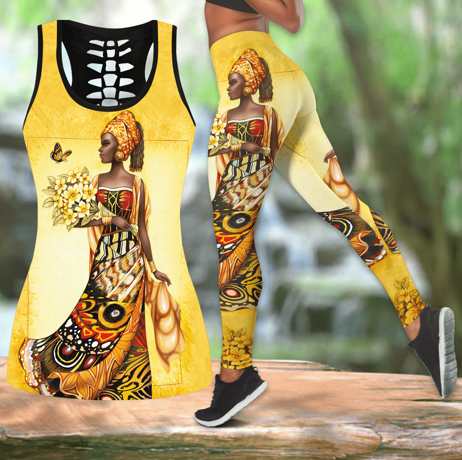 Yellow Pattern African Girl Hollow Tank Top or Legging 3D #V