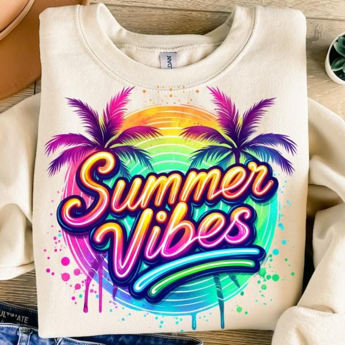 Summer Vibes Shirt,, Colorful Summer Clipart, Neon Summer, Tropical , T-Shirt