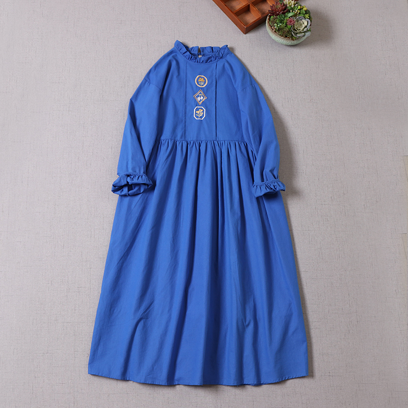 2022 Spring Autumn New Long-sleeved Dress Embroidery Cotton Linen Midi Dress alx