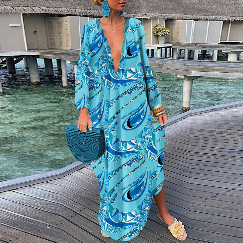 Spring Autumn Long Sleeve Print Bohemian Dress Women Elegant V Neck Patchwork Dress Femme Streetwear Loose Maxi Dress Vestidos alx