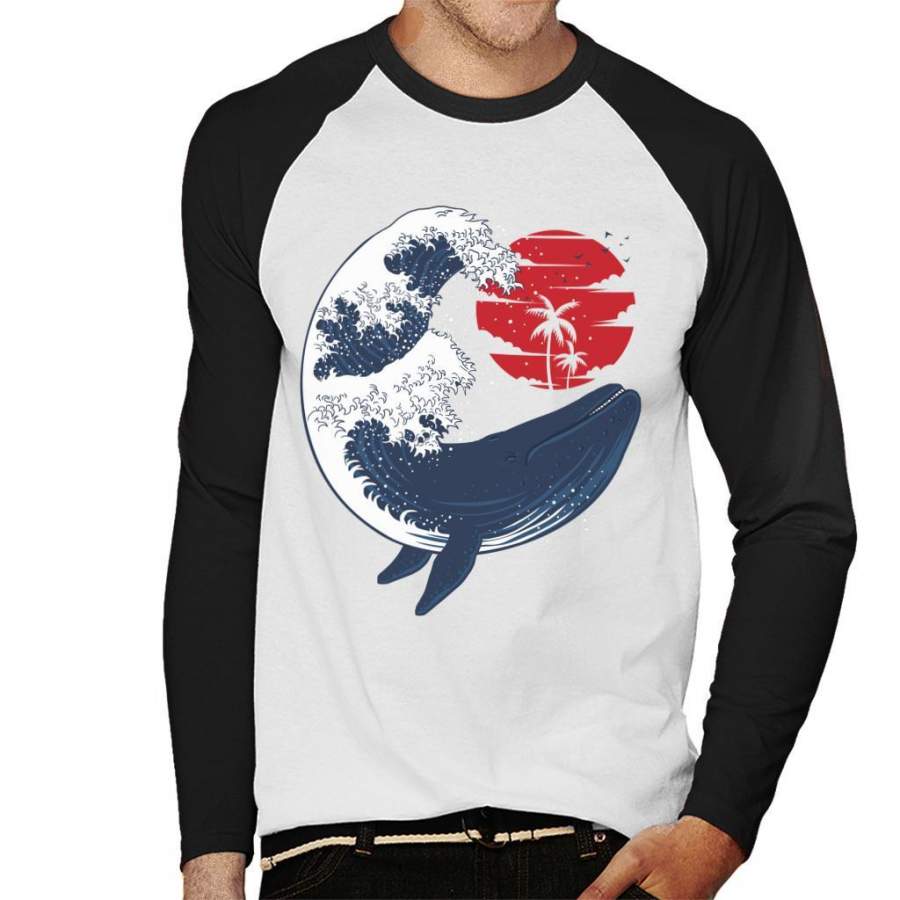 Whale Wave Hokusai Style Men’s Baseball Long Sleeved T-Shirt