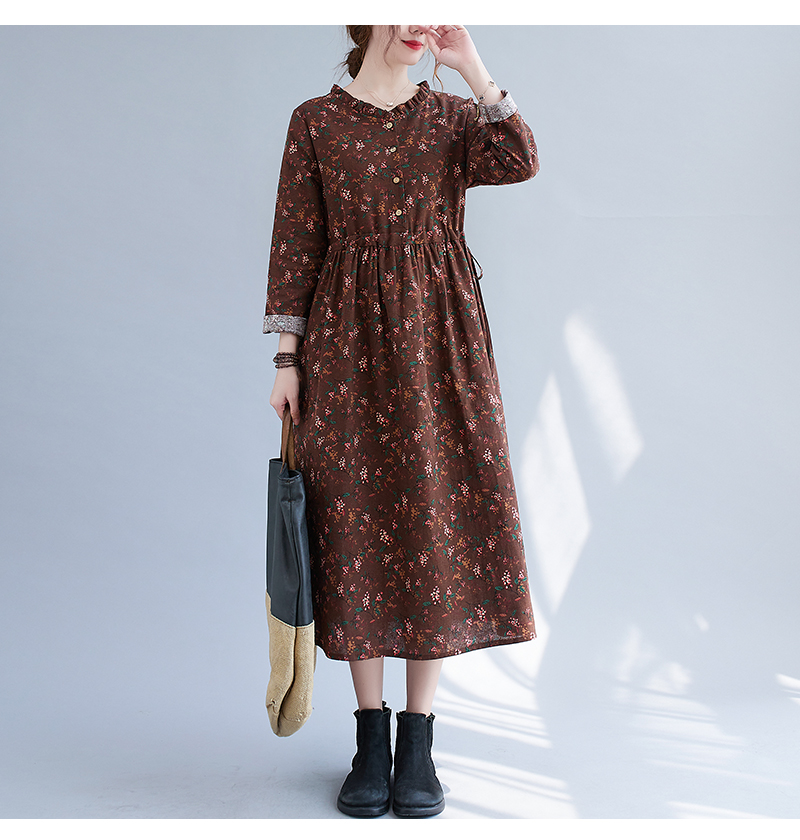 2022 Fashion Print Floral Vintage Autumn Dress Cotton Linen Draw String Office Lady Work Dress Women Casual Spring Midi Dress alx