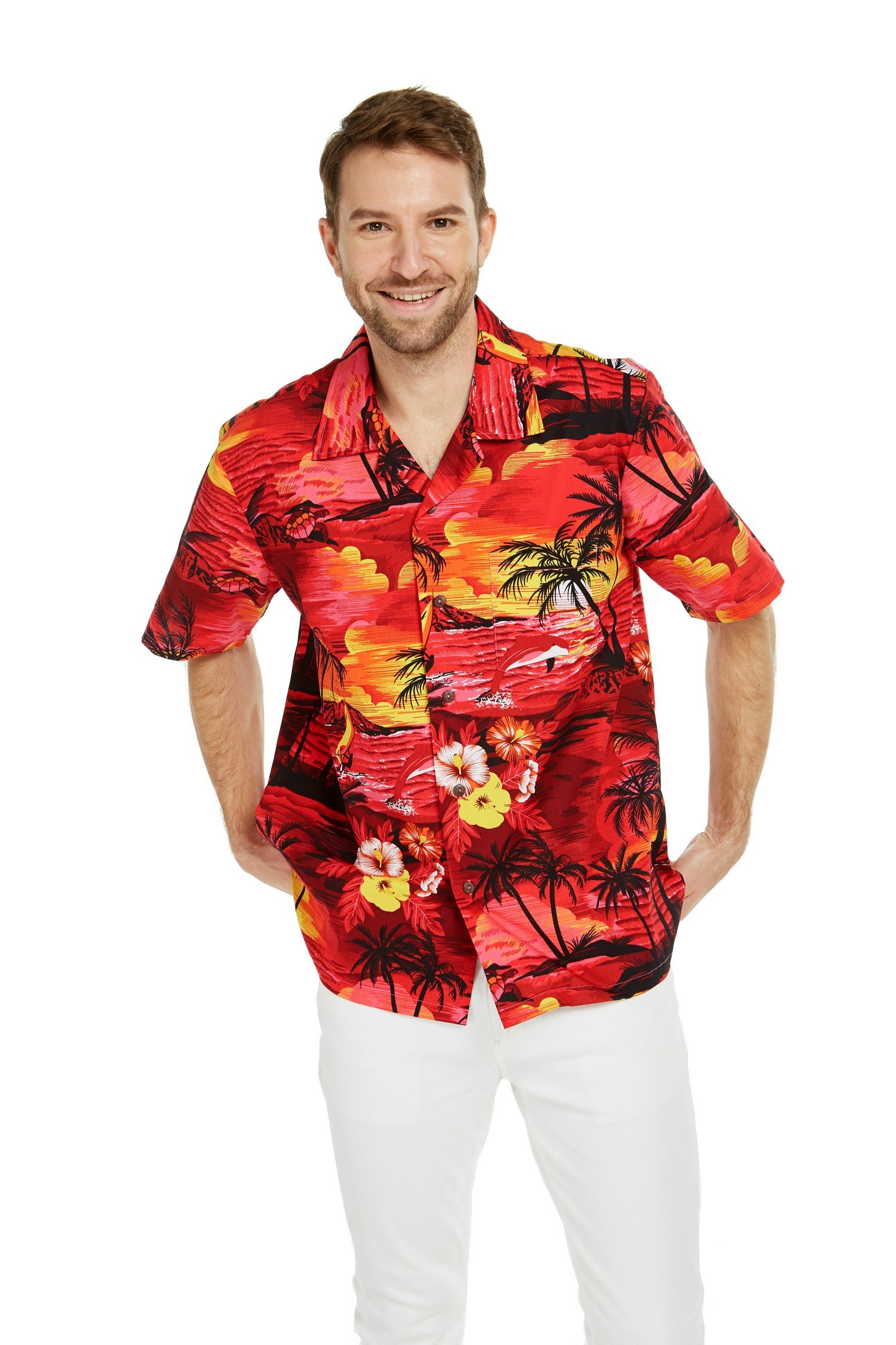 Men’s Hawaiian Shirt in Dolphin Sunset Red