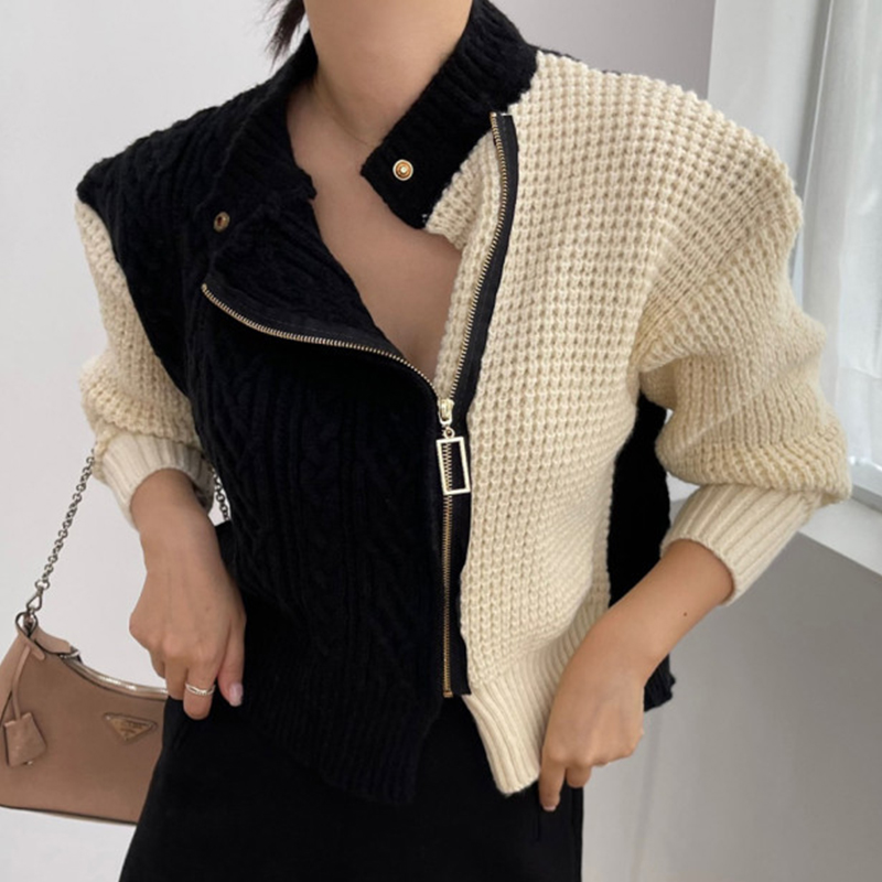 Winter Vintage Lapel Contrast Twist Knitting Sweater Women Pull Femme Irregular Cardigan Jacket Korean Fashion Sueter Mujer alx