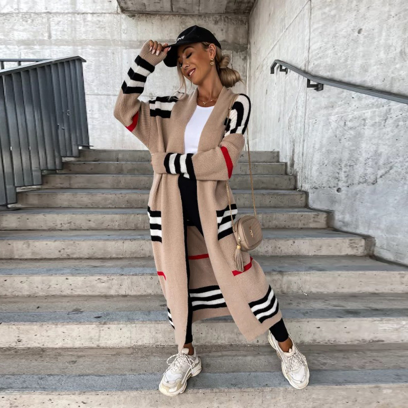 Casual Striped Color Matching Women Cardigan Elegant Knitted Long Sweaters Cardigan 2022 Long Sleeve Loose Lady Cardigan Coat alx