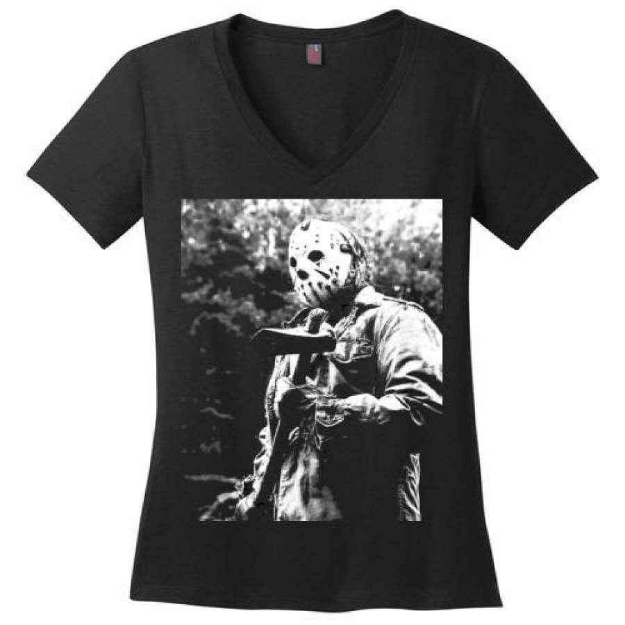 Friday the 13th Horror Movie Classics Vintage Shocker Splatter Gore Jason Voorhees , v7,District Made Ladies Perfect Weight V-Neck