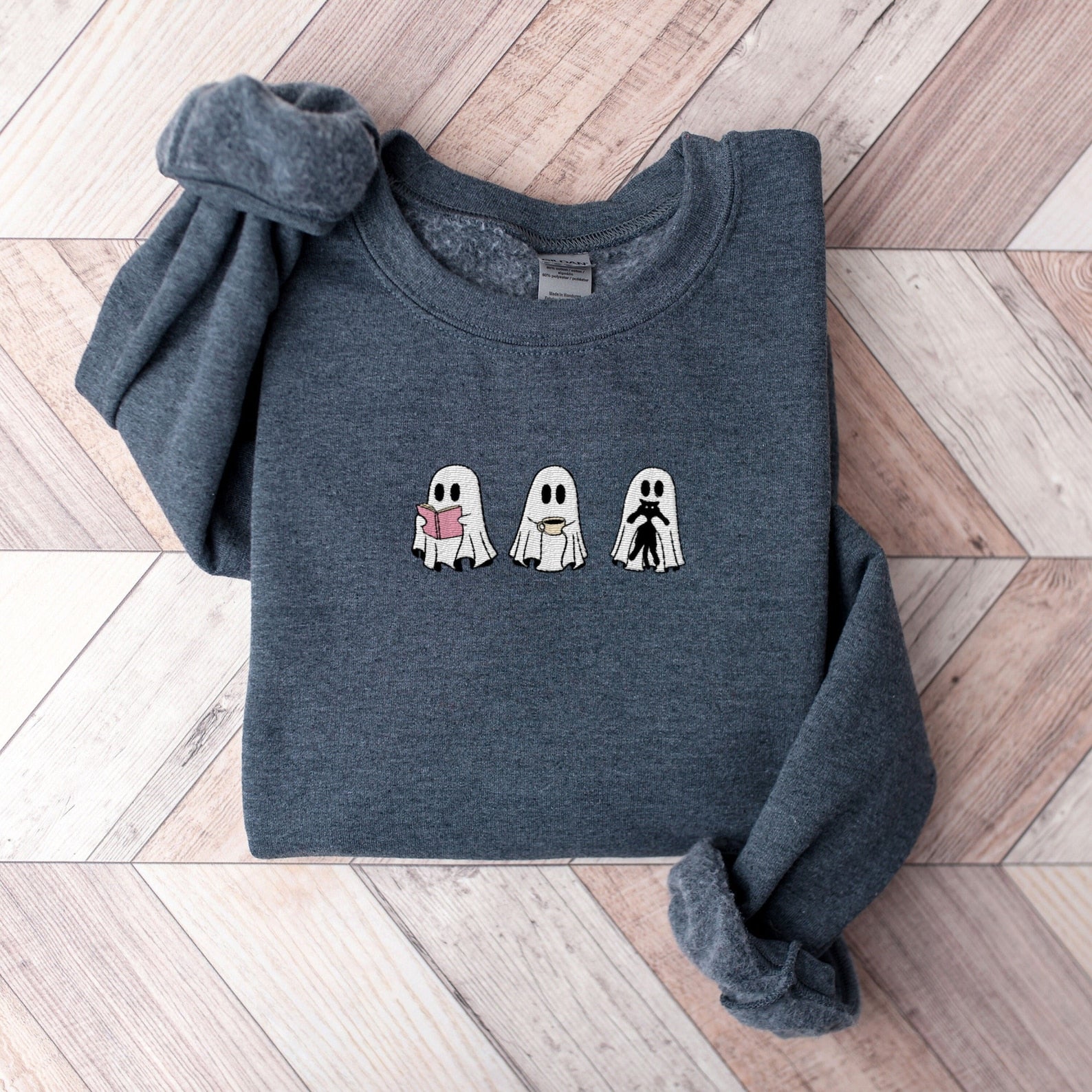 Embroidered Ghost Cat Halloween Sweatshirt 2D Crewneck Sweatshirt All Over Print Sweatshirt For Women Sweatshirt For Men Sws2509