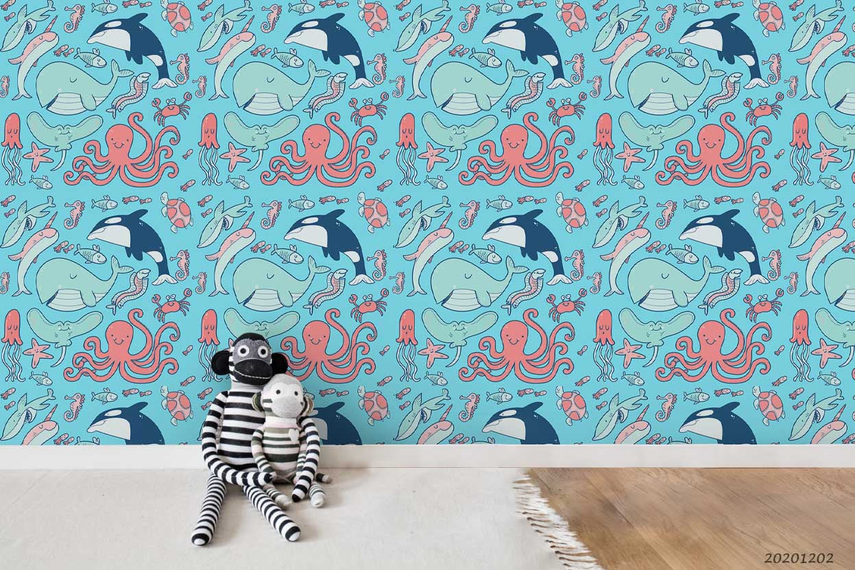 3D Cartoon Colorful Ocean Whale Octopus Fish Pattern Wall Mural Wallpaper Lxl