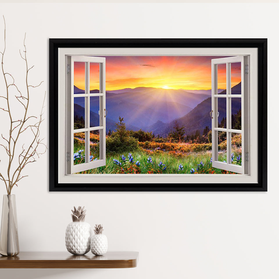 Sunrise Over Mountains 3D Window View Framed Canvas Print – Canvas Painting, Canvas Art, Wall Art, Wall Decor