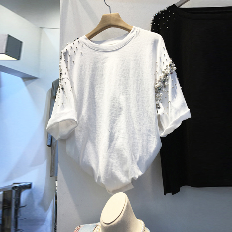 2022 Summer New Loose Casual Lady Tops Tshirts Korean Fashion Chic Beads O-Neck Solid Short Sleeve Women’s T-shirt alx