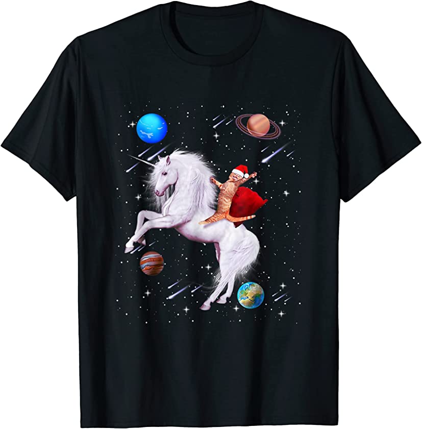 Cat Wear Santa Hat Riding Unicorn In Space Funny Kitten Xmas T-Shirt