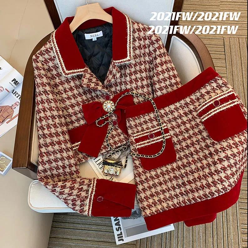 Women Christmas New Year Tweed Houndstoot Red Suit Blazer Jackert Coat Top Mini Skirt Two Piece Set Outfit Winter Warm Clothing alx