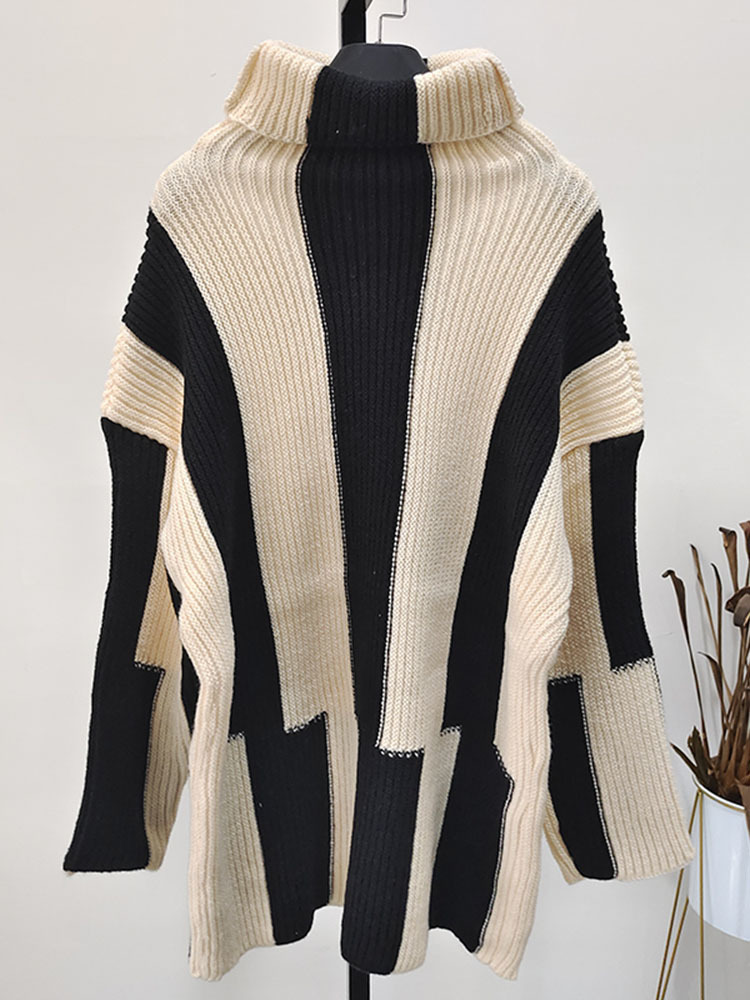 UCXQ Patchwork Striped Sweaters Women Autumn Winter New Turtleneck Knitted Pullovers Loose Long Sleeve Casual Warm Tops 10AB3283 alx