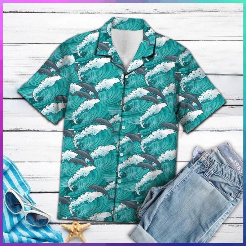 Dolphin Waves Turquoise Nice Design Hawaiian Shirt Dhc18064415