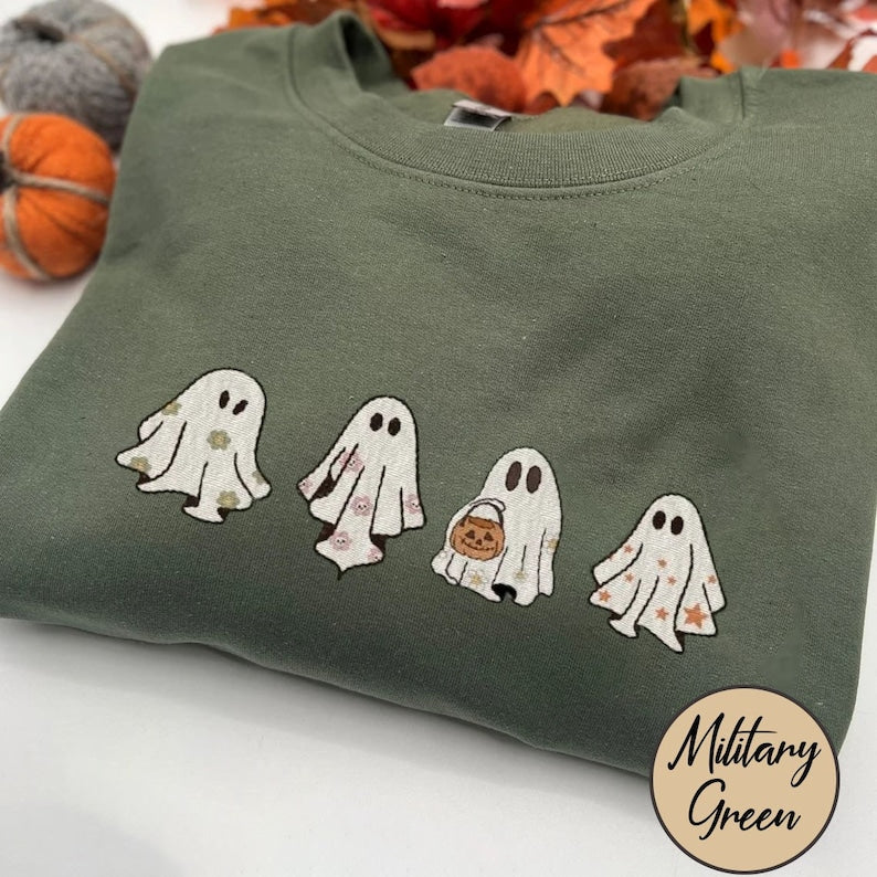 Cute Ghost Halloween Embroidered Sweatshirt Crewneck Sweatshirt All Over Print Sweatshirt For Women Sweatshirt For Men Sws2716