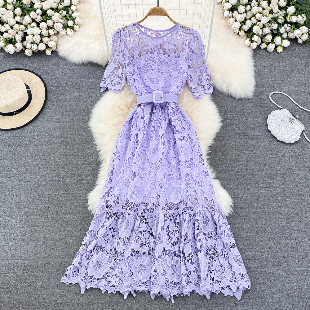 Summer Vintage Women Lace Long Dress Female Elegant Round Neck Hook Flower Hollow Out Maxi Vestidos Vacation Beach Robe New 2022 alx