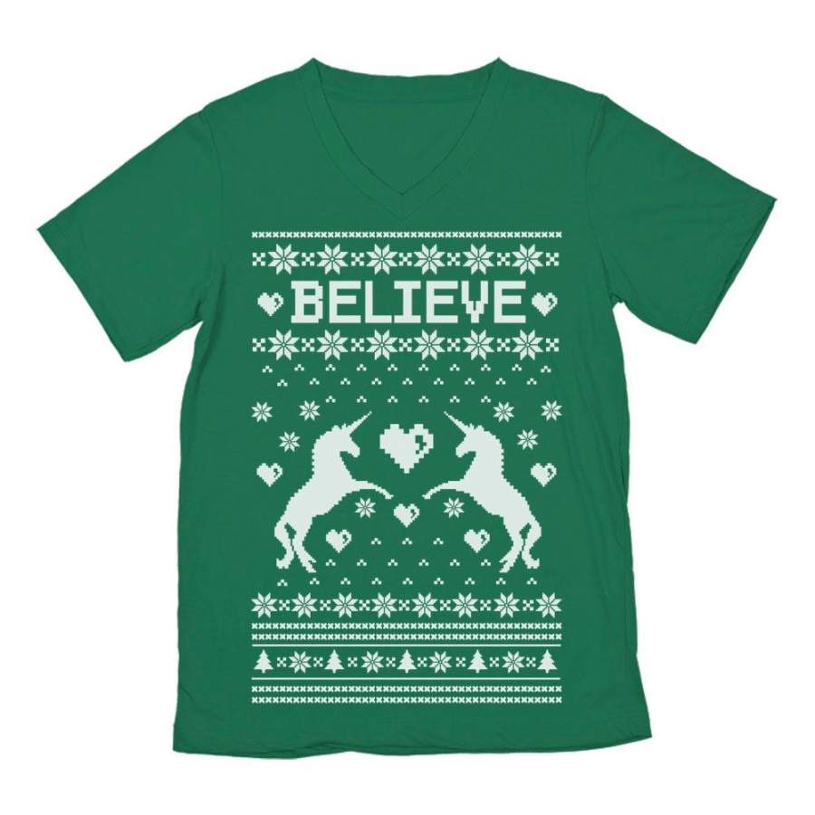 Believe in Unicorns Xmas Ugly Sweater V-Neck T-Shirt