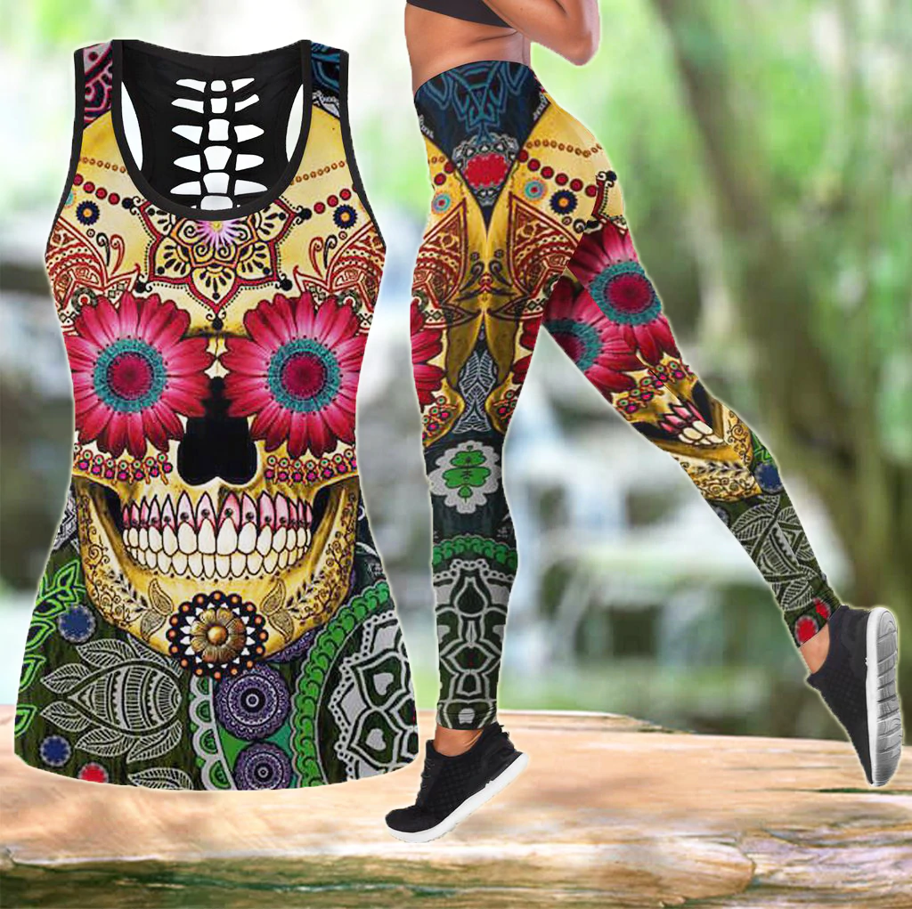 Candy Skull Combo Outfit For Woment, Skull Flower Tank Top For Women, Gift For Skull Lovers