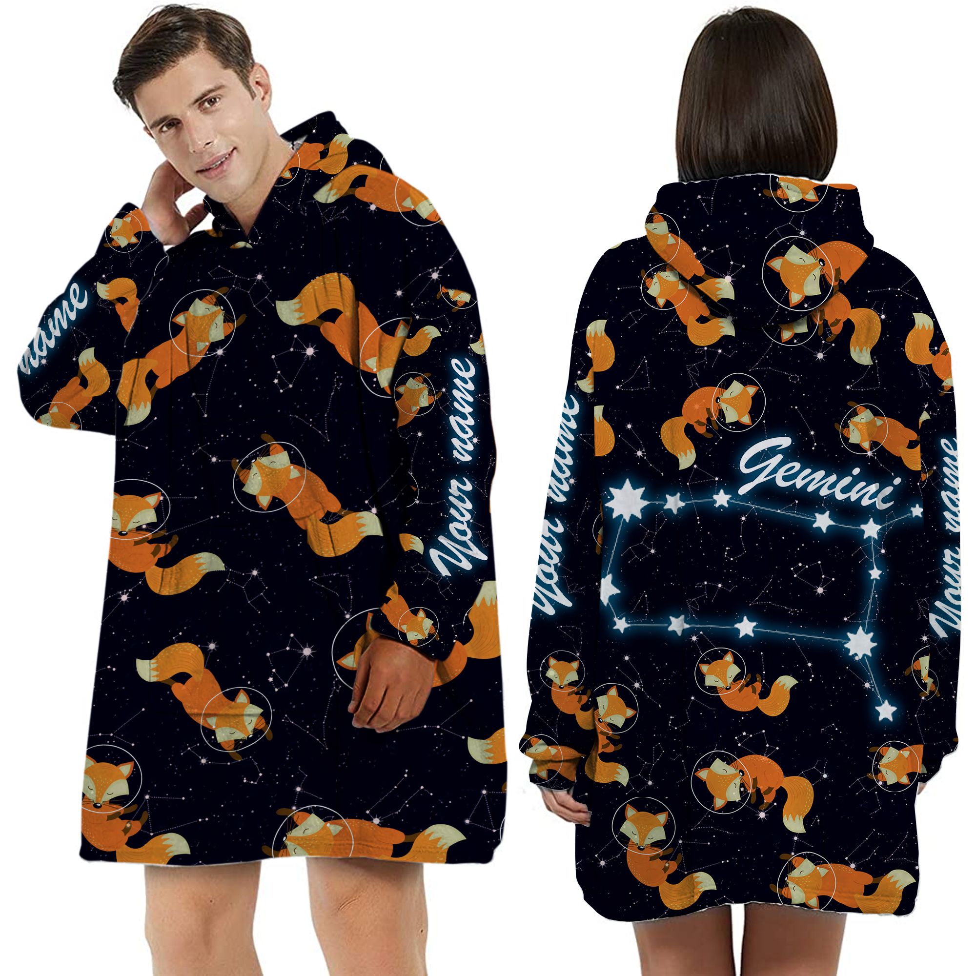 Zodiac Gemini Foxes Custom Name Huggle Hoodie For Animal And Astronomy Lovers