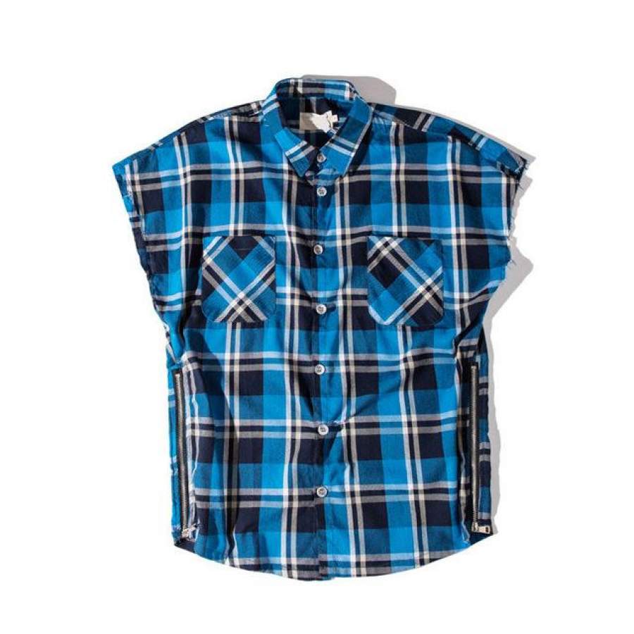 Side Zipper Plaid Flannel Shirt Men Sleeveless Summer Oversize Hip Hop Shirts Shirt Men Clothes
