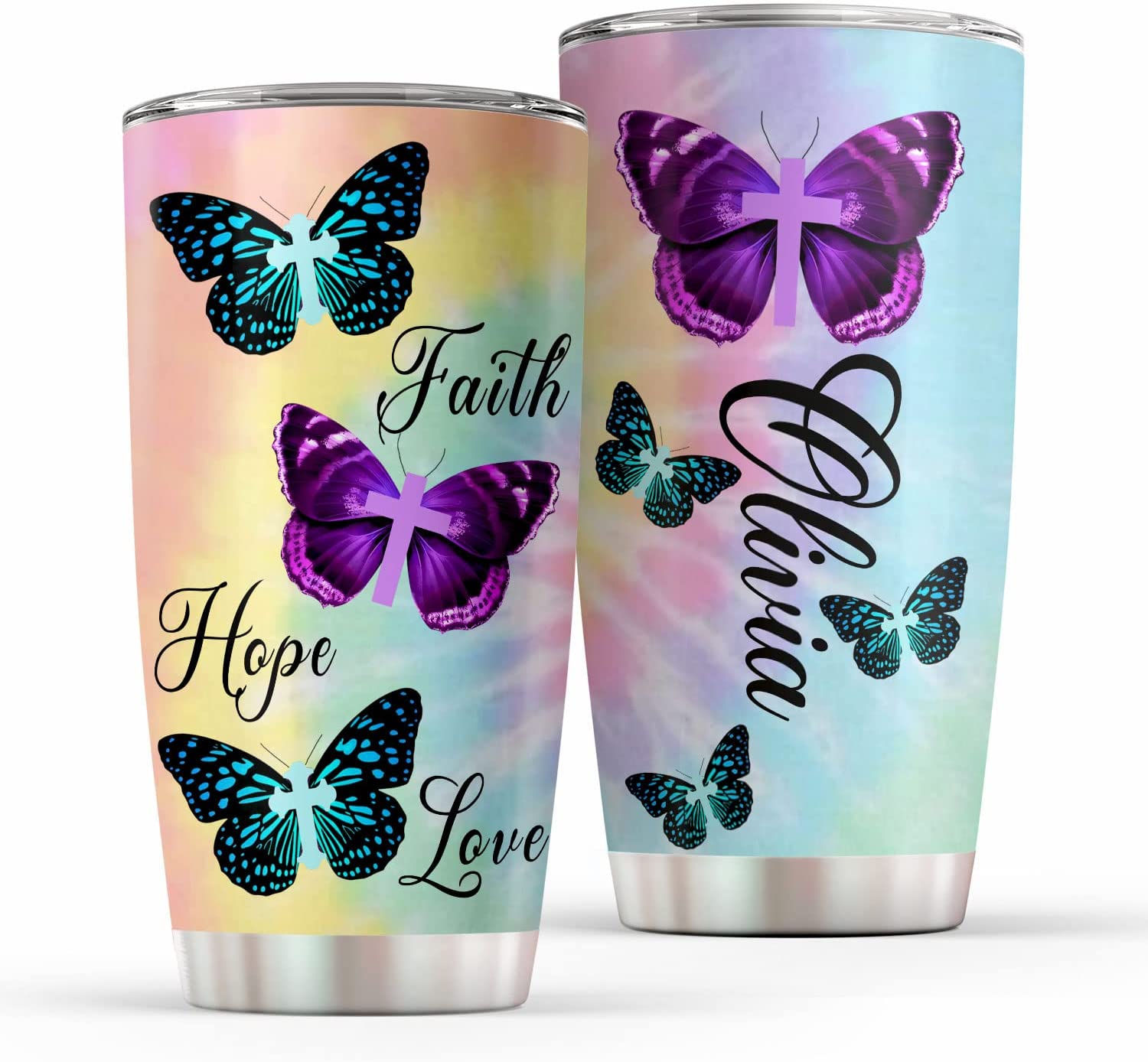 Excelliti Hippie Tie Dye Faith Hope Love Butterfly With Cross Personalized Stainless Steel Tumbler 20Oz Gift For Women Wife Mom Christian On Christmas Thanksgiving Birthday Aniversary Wedding Holiday