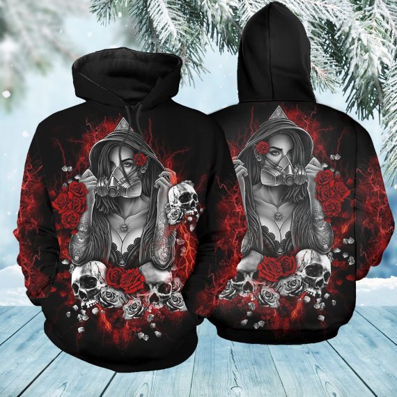 Unisex Hoodie All Over Print Skull Gifts Red Rose Skull Girl Us Unisex Size Hoodie