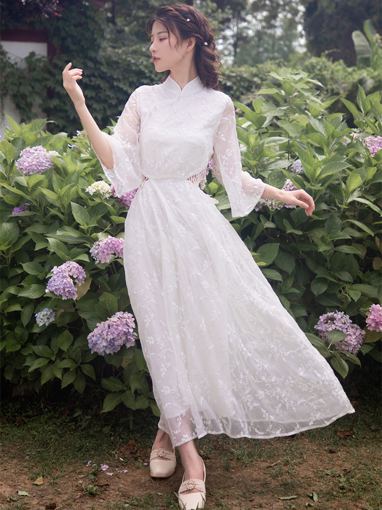 Women’s Lily of the Valley Embroidered Pearl Waistless Sexy Cheongsam Vestidos Retro Dress Summer Improved White Fairy Dress alx