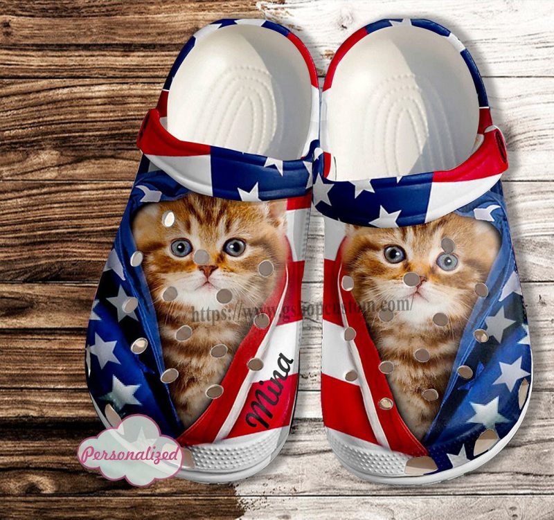 Cat Usa Flag Shoes Gift Women Mother Day- 4Th Of July America Cat Flag Shoes Croc Clogs Customize