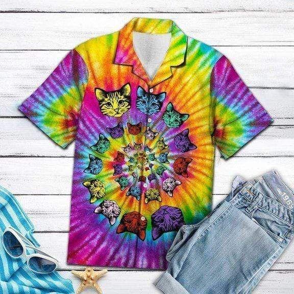 Beach Shirt High Quality Tie-Dye Psychedelic Hippie Cat Hawaiian Aloha Shirts Dh
