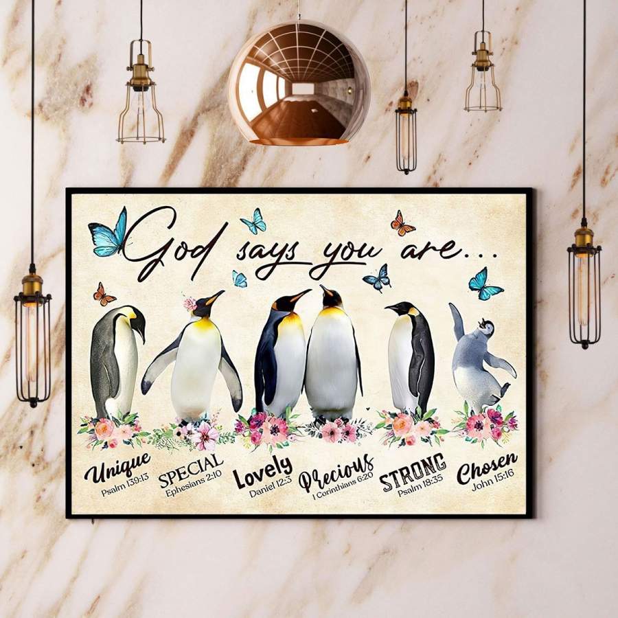 Penguin & Butterfly God Says You Are Unique Paper Poster No Frame/ Wrapped Canvas Wall Decor Full Size