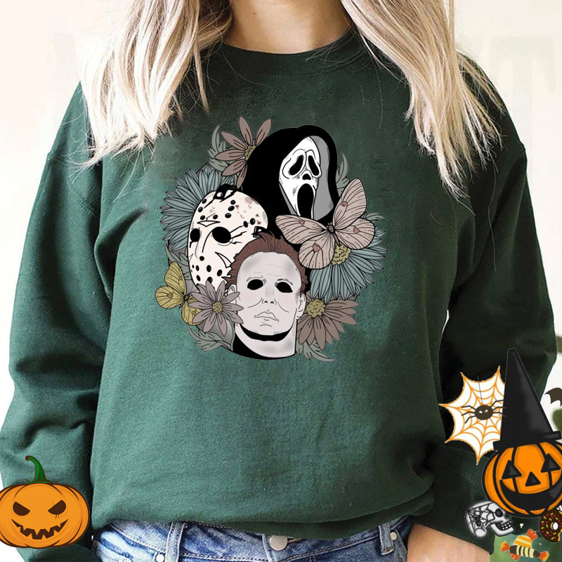 Horror Movie Scary Hooded Halloween Women Sweatshirt Crewneck Pullover Halloween Party Ghost Boo Skull Flower Hoodies Oversized alx Anlibuy Fashion