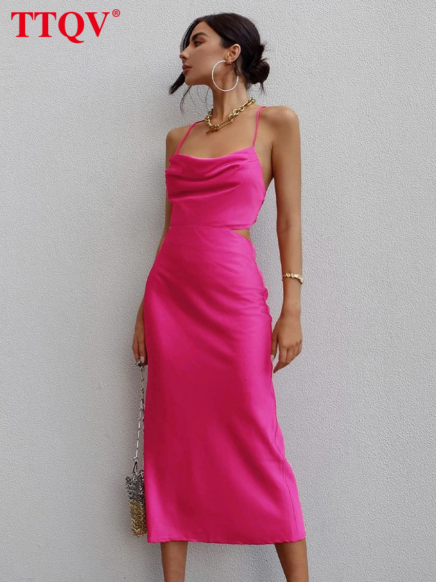 TTQV Sexy Strap Pink Satin Dress Summer Sleeveless Hollow Out Midi Dress Bodycon Lace-up Backless Party Dresses For Women 2022 alx