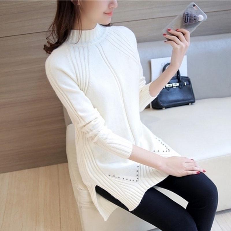 Autumn Winter Thick Loose Mid-length Women Sweater Beaded Knitted Half-high Neck Long Sleeve Warm Slim Bottoming Shirt Pullover alx