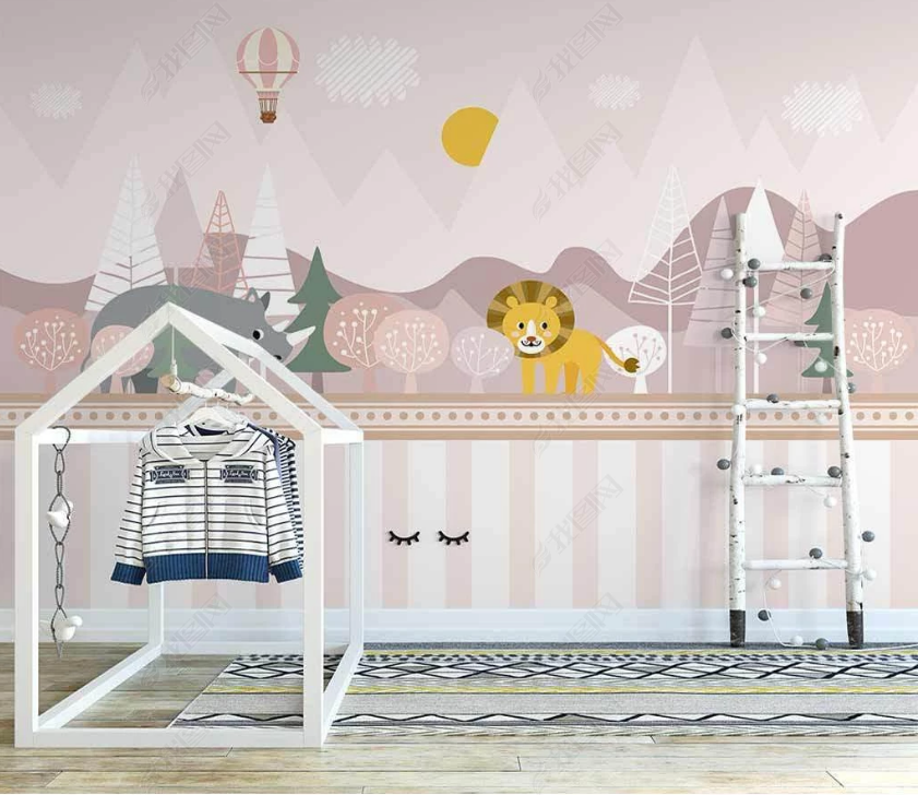 3D Cartoon Pink Mountain Animal Lion Wall Mural Wallpaper Lqh 47