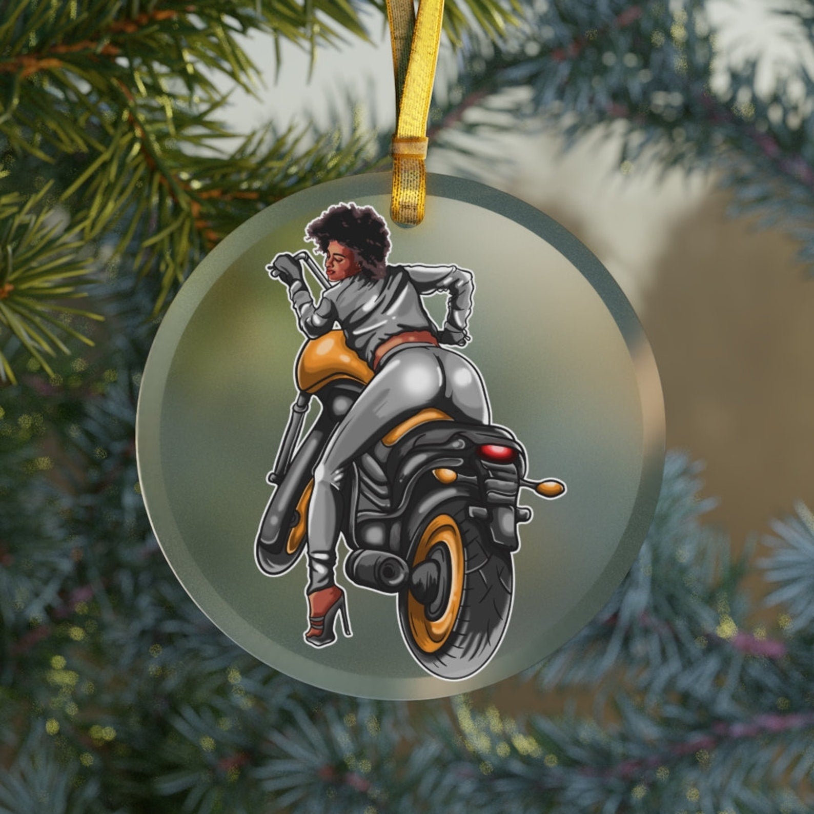 Sexy Black Biker Chick Glassblack Girl Motorcycle Riderblack Girls Rideblack Girl Motorcycle Gifts Christmas Ornament