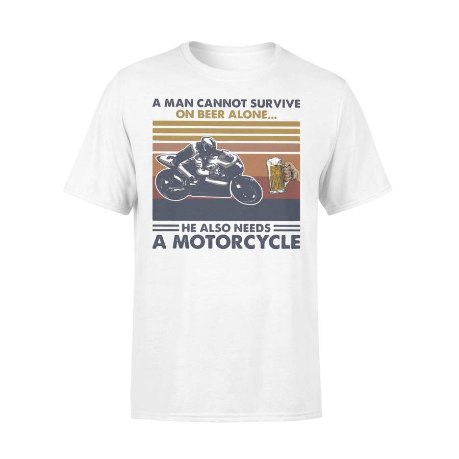 A Man Cannot Survive On Beer Alone He Also Needs A Motorcycle Vintage Retro T-shirt