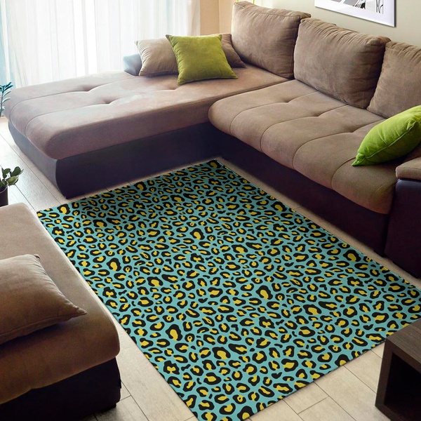 Teal And Yellow Leopard Pattern Print Area Rug