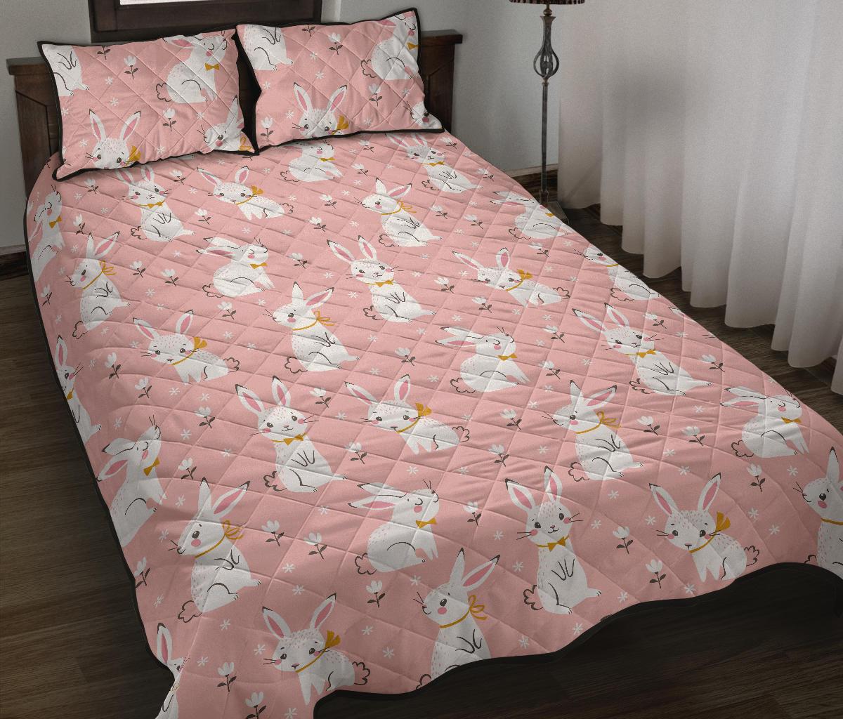 Cute white rabbit flower pink background Quilt Bed Set