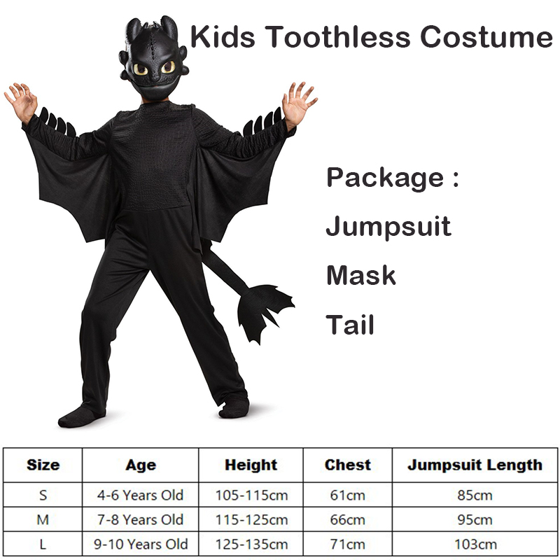 Unisex Child How To Train Your Black Flying Dragon Jumpsuit With Mask Boys Toothless Classic Dragon Kids Halloween Costume alx